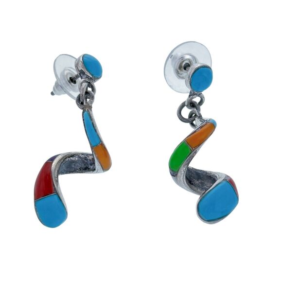 Vintage PJ Sterling Silver 925 Multi Stone Inlay Spiral Dangle Post Earrings - Picture 1 of 9